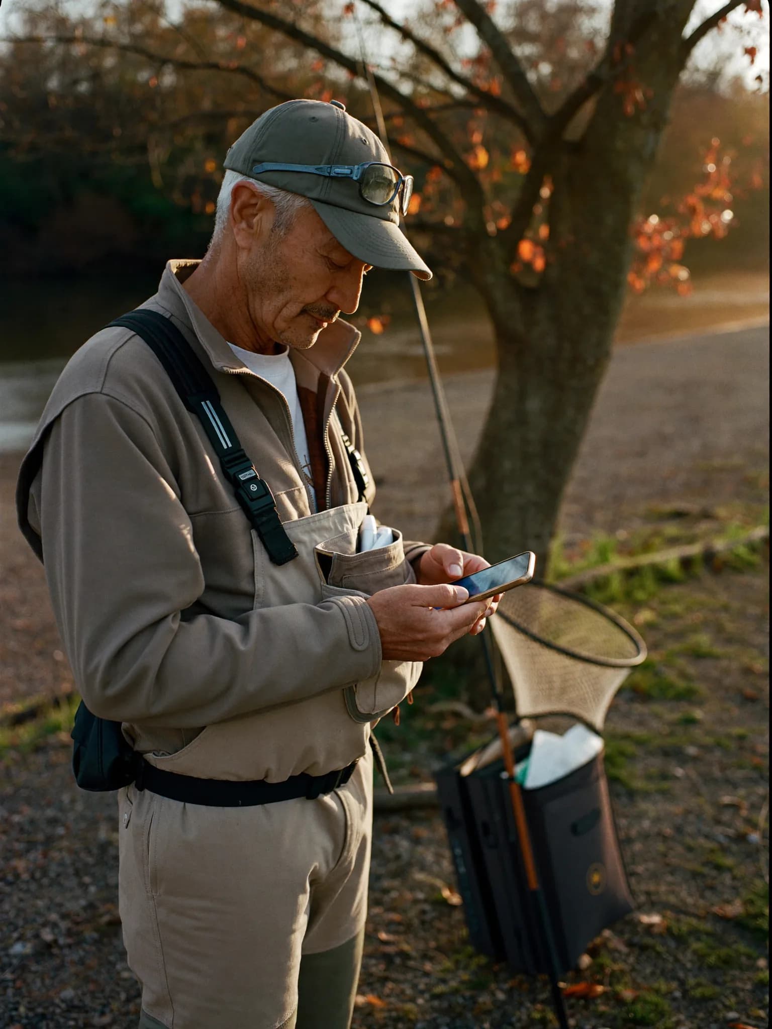 An angler checking a trip on the AnglerPass app streamside