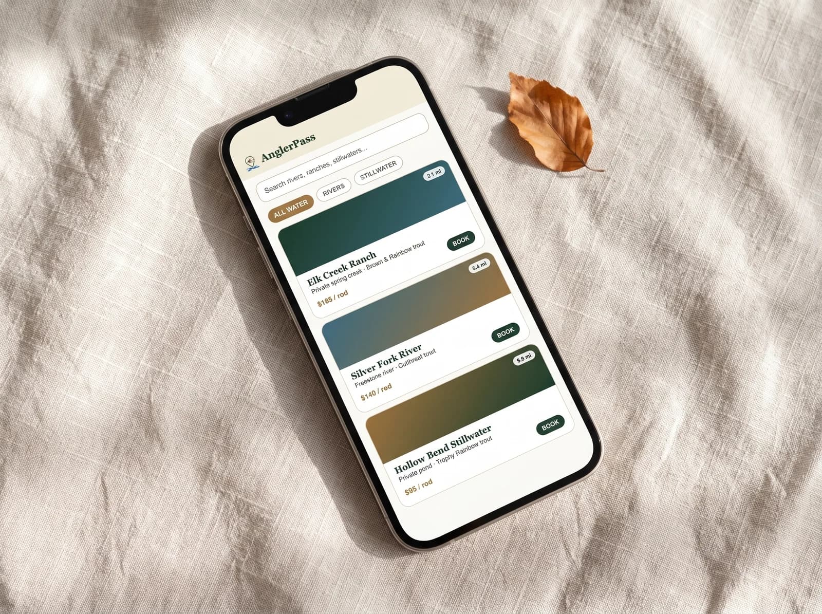 The Explore and Book screen on the AnglerPass app