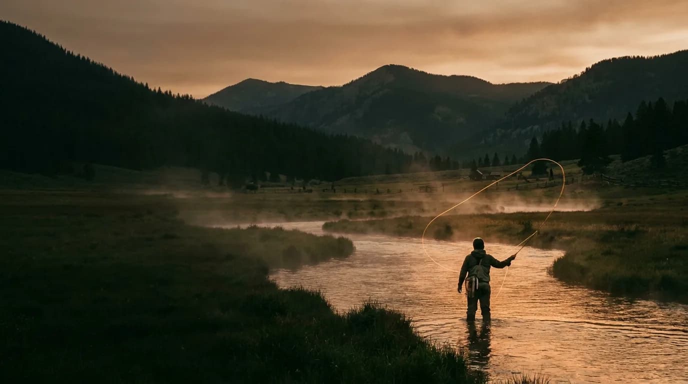A fly angler casting on a private spring creek at golden hour