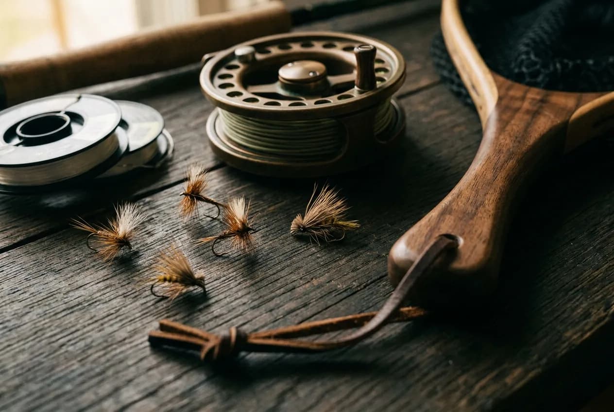Premium fly fishing gear — hand-tied flies, a fly reel, and tippet on weathered wood