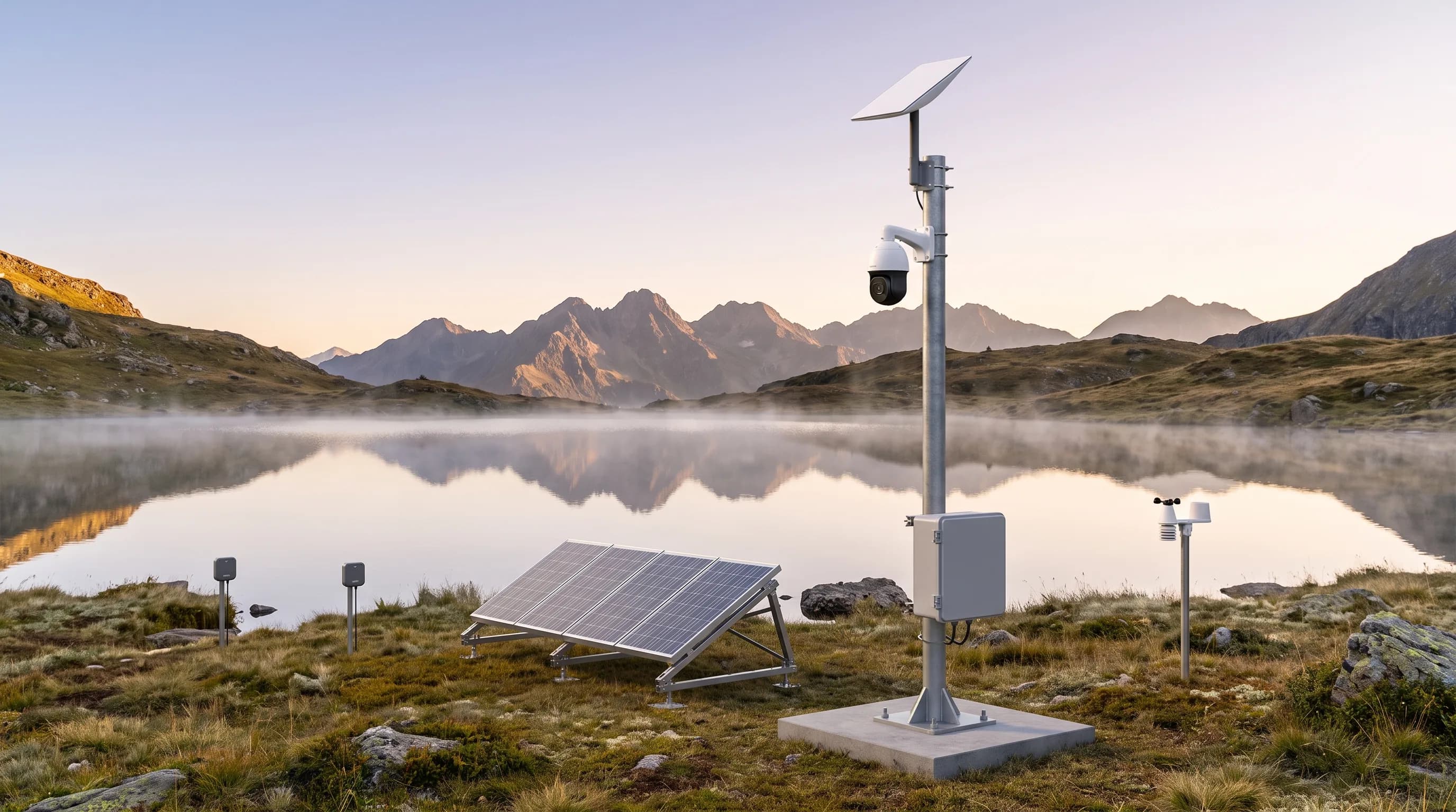 Territory Remote Station — a solar- and Starlink-powered off-grid monitoring station on the shore of a remote alpine lake at dawn, with the solar array mounted separately on the ground and wireless sensor nodes near the water