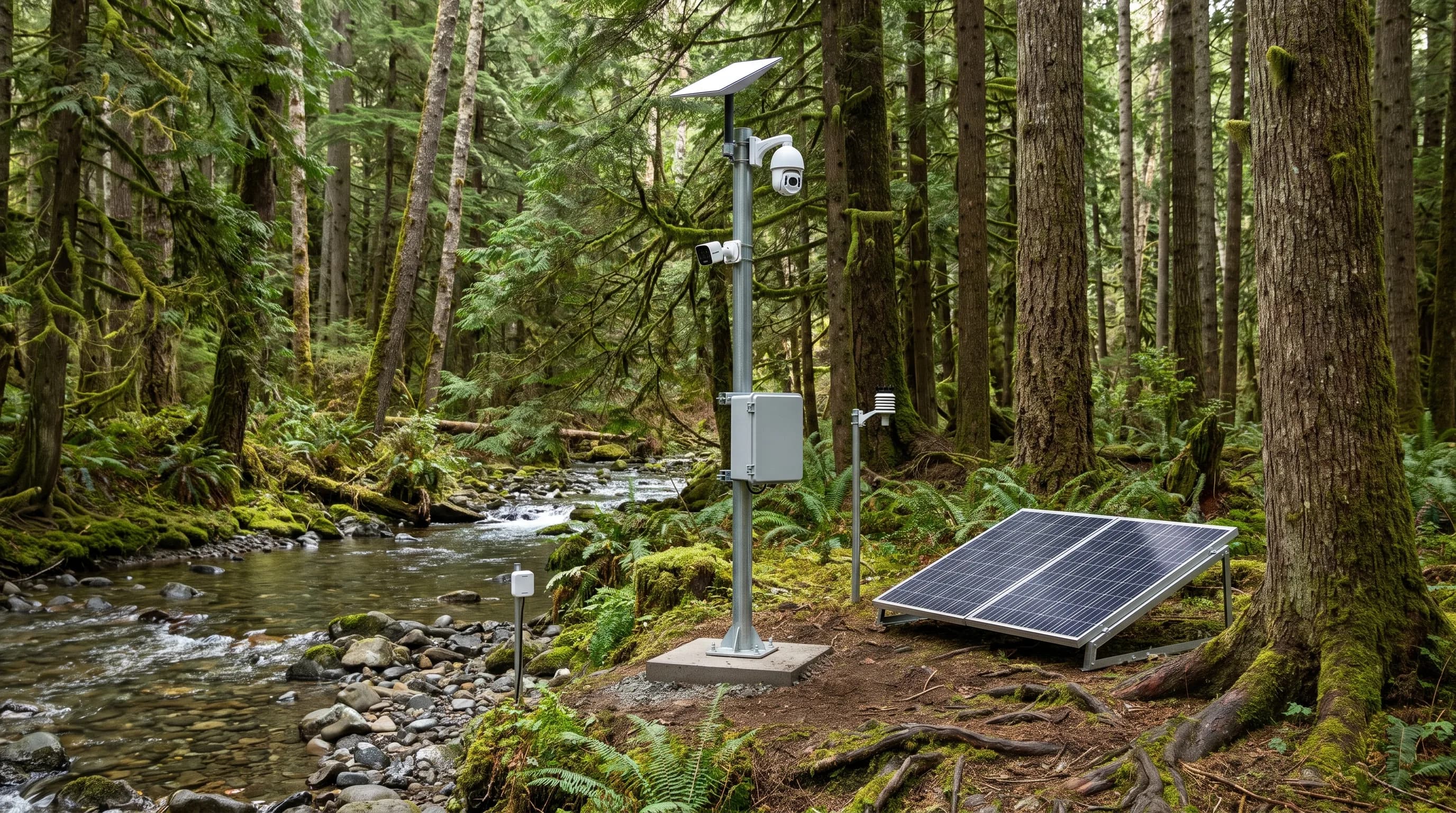 Territory Remote Station beside a clear trout stream in a lush green conifer forest, showing the mast with Starlink Mini and cameras, a separate ground-mounted solar array, the weatherproof hub enclosure, a weather sensor, and a small wireless sensor node near the water